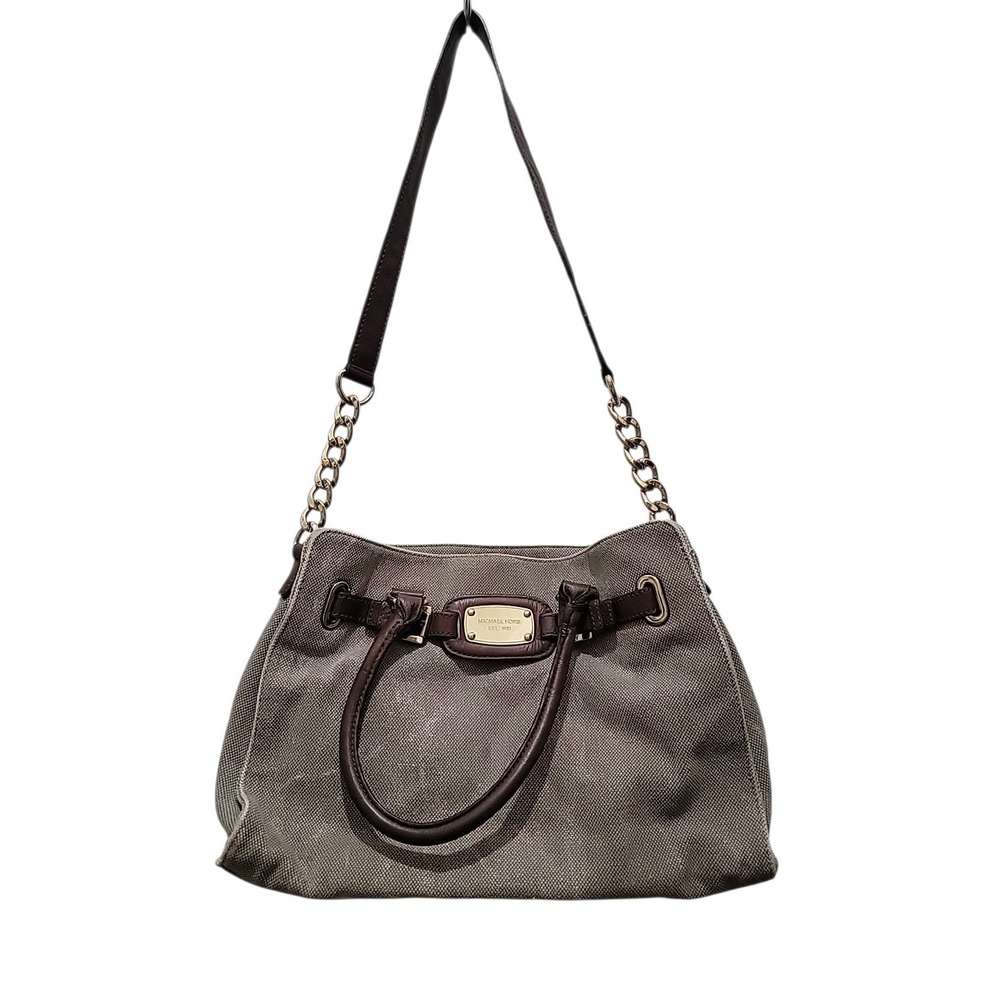 Michael Kors Hamilton‎ Tan Leather Trim Canvas Shoulder Hand Bag Gold Chain